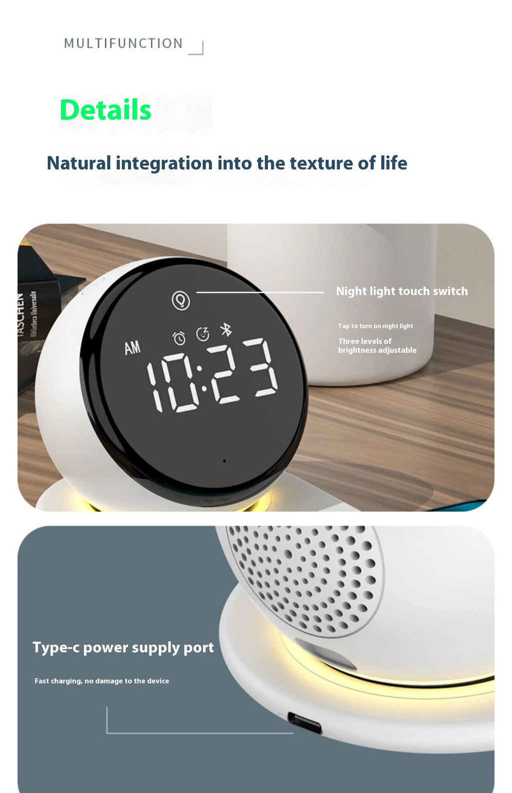 Reloj despertador con carga inalámbrica premium y luz nocturna