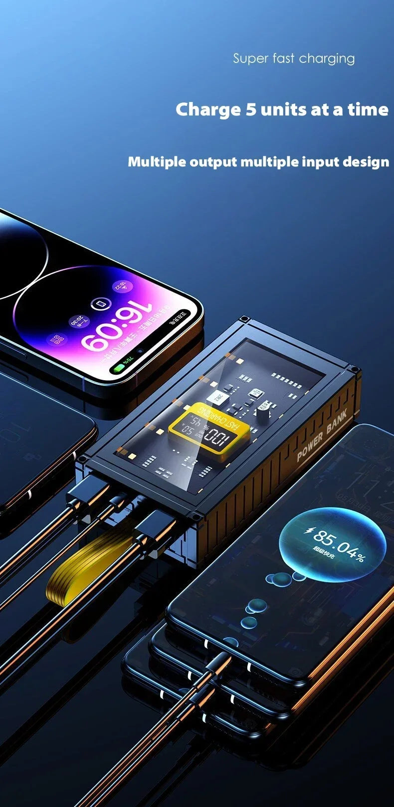 Power Bank transparente premium con carga rápida para iPhone y Android