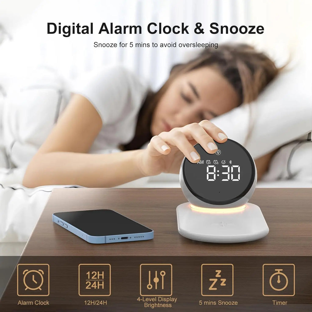 Reloj despertador con carga inalámbrica premium y luz nocturna