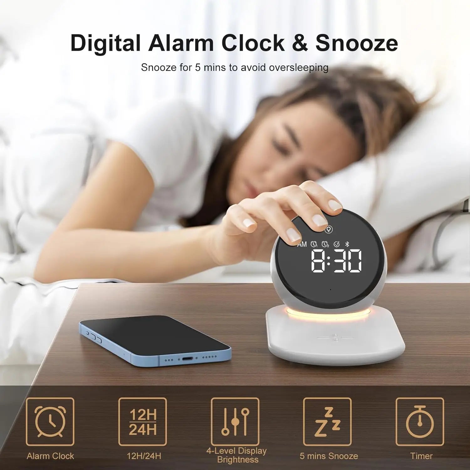 Premium Wireless Charging Alarm Clock with Night Light
