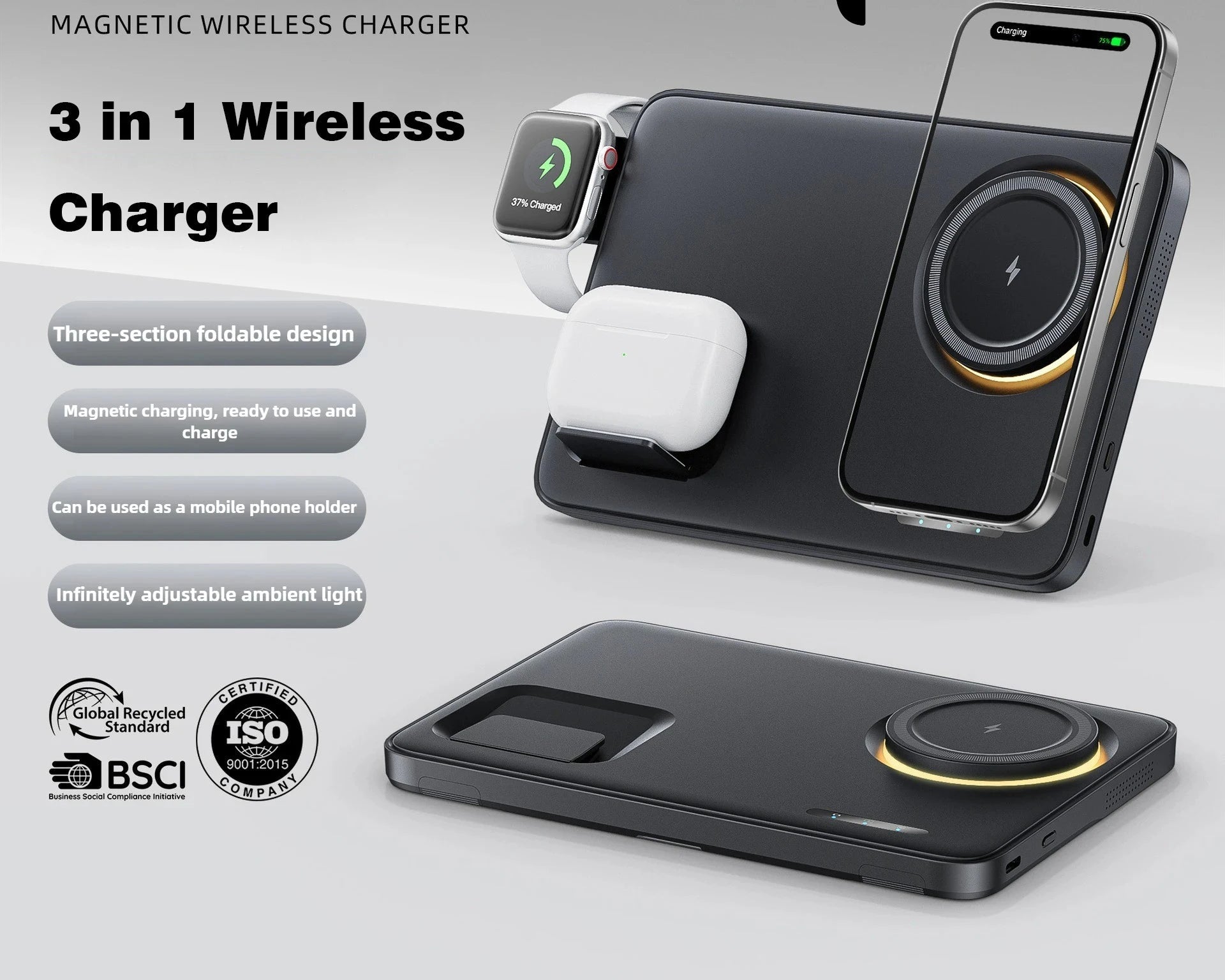 Premium Qi2 3 in 1 Foldable Magnetic Wireless Charger Stand