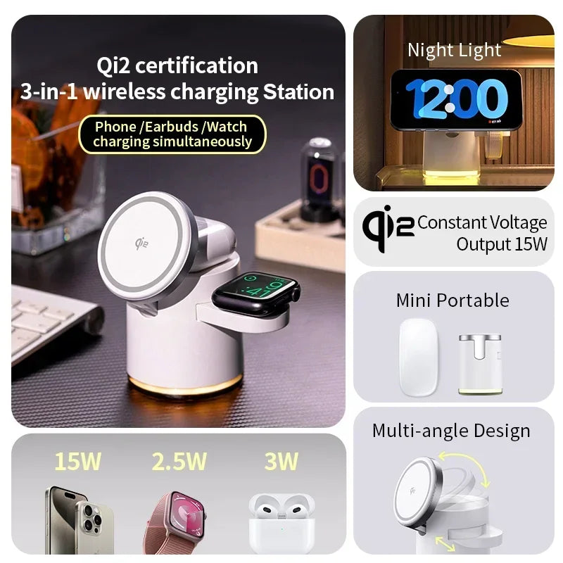 Qi2 certification 3-in-1 wireless charging station with phone, earbuds, and watch charging capabilities.