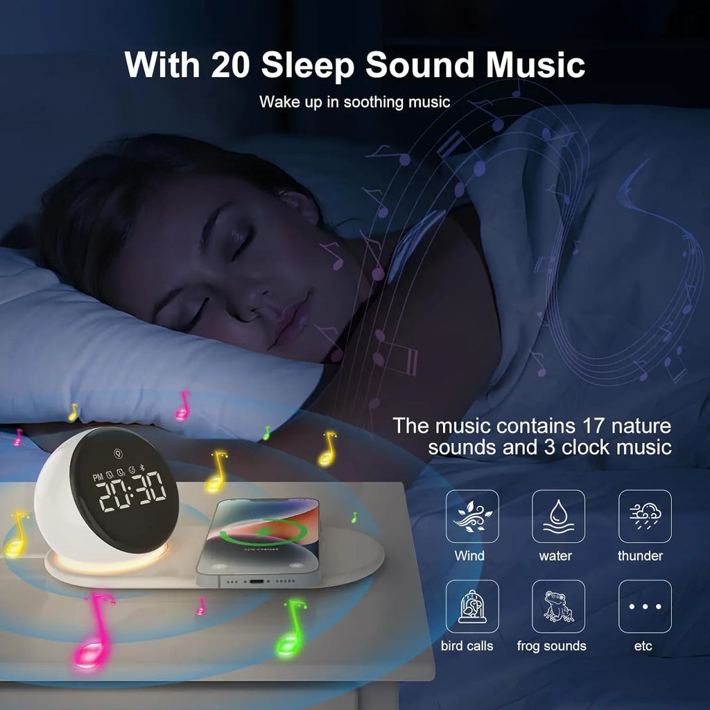 Reloj despertador con carga inalámbrica premium y luz nocturna