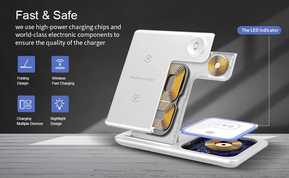 Soporte de carga inalámbrico plegable 3 en 1 prémium para viajes