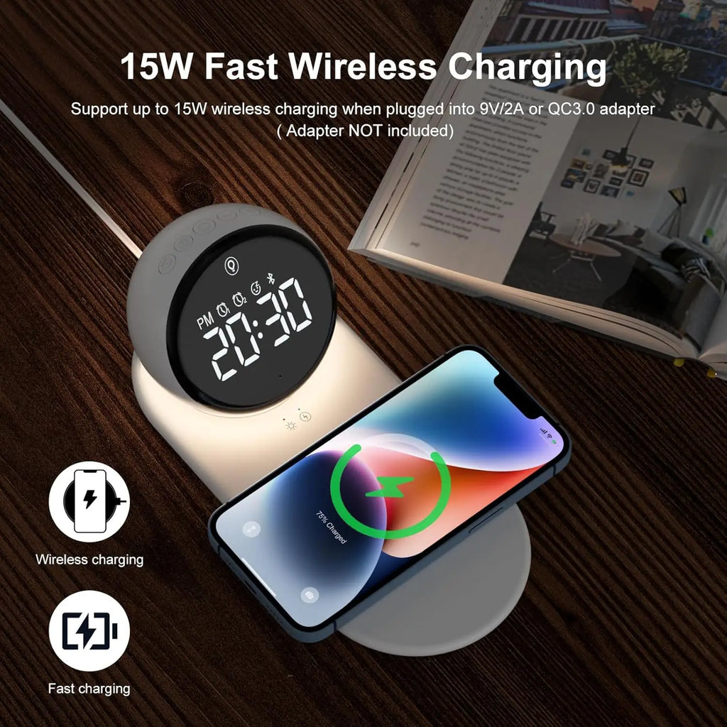 Reloj despertador con carga inalámbrica premium y luz nocturna