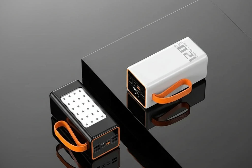 Batería externa prémium de alta potencia con cable integrado para portátil y iPhone