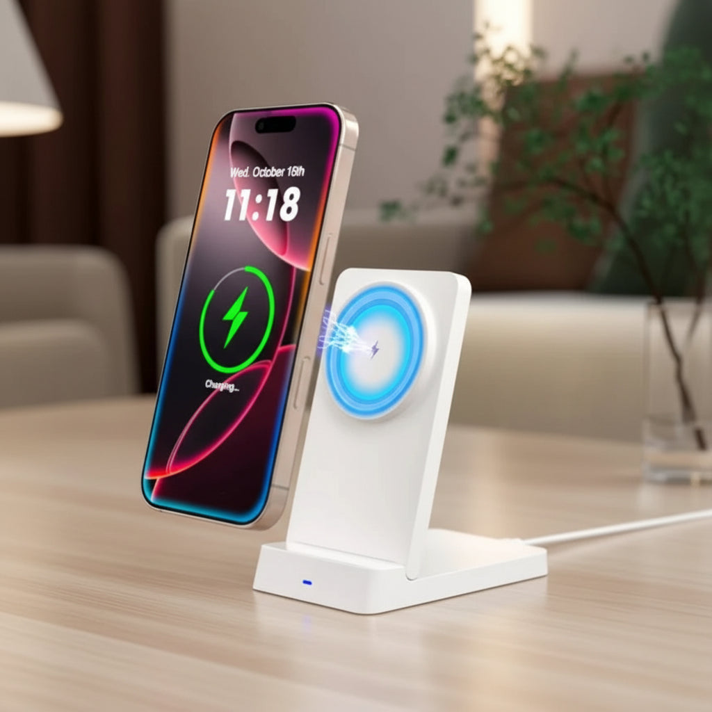 
magnetic wireless charger with a smartphone on a desk