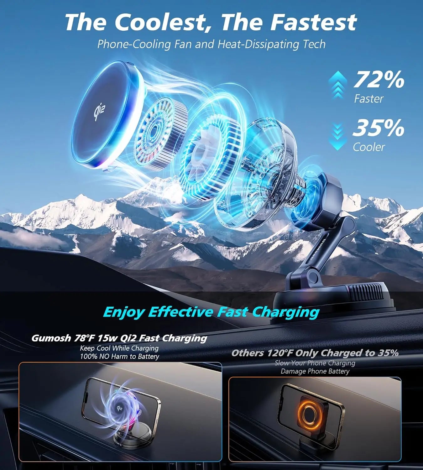 Premium Qi2 Magnetic Wireless Car Mount Charger with Cooling Fan