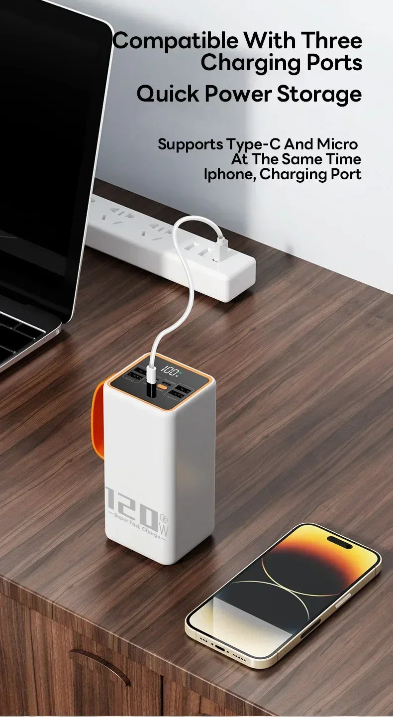 Batería externa prémium de alta potencia con cable integrado para portátil y iPhone