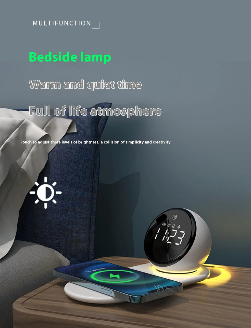 Reloj despertador con carga inalámbrica premium y luz nocturna
