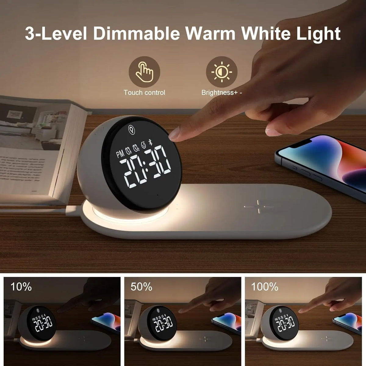 Reloj despertador con carga inalámbrica premium y luz nocturna
