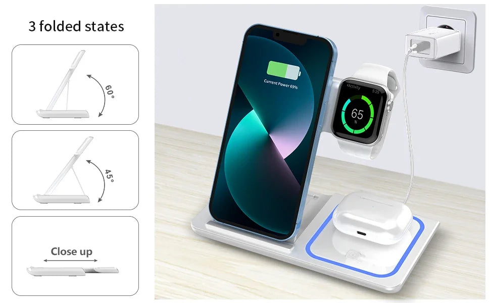 Soporte de carga inalámbrico plegable 3 en 1 prémium para viajes