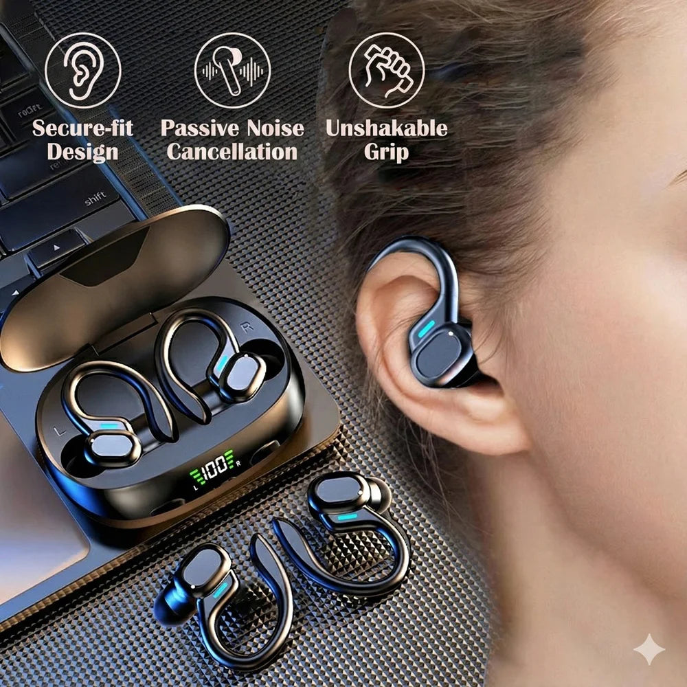Auriculares deportivos inalámbricos premium con ganchos de sujeción seguros