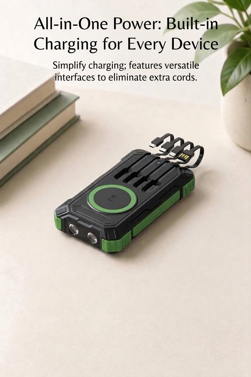 Premium Solar Power Bank with 4 Built in Cables & Fast Charging for Camping