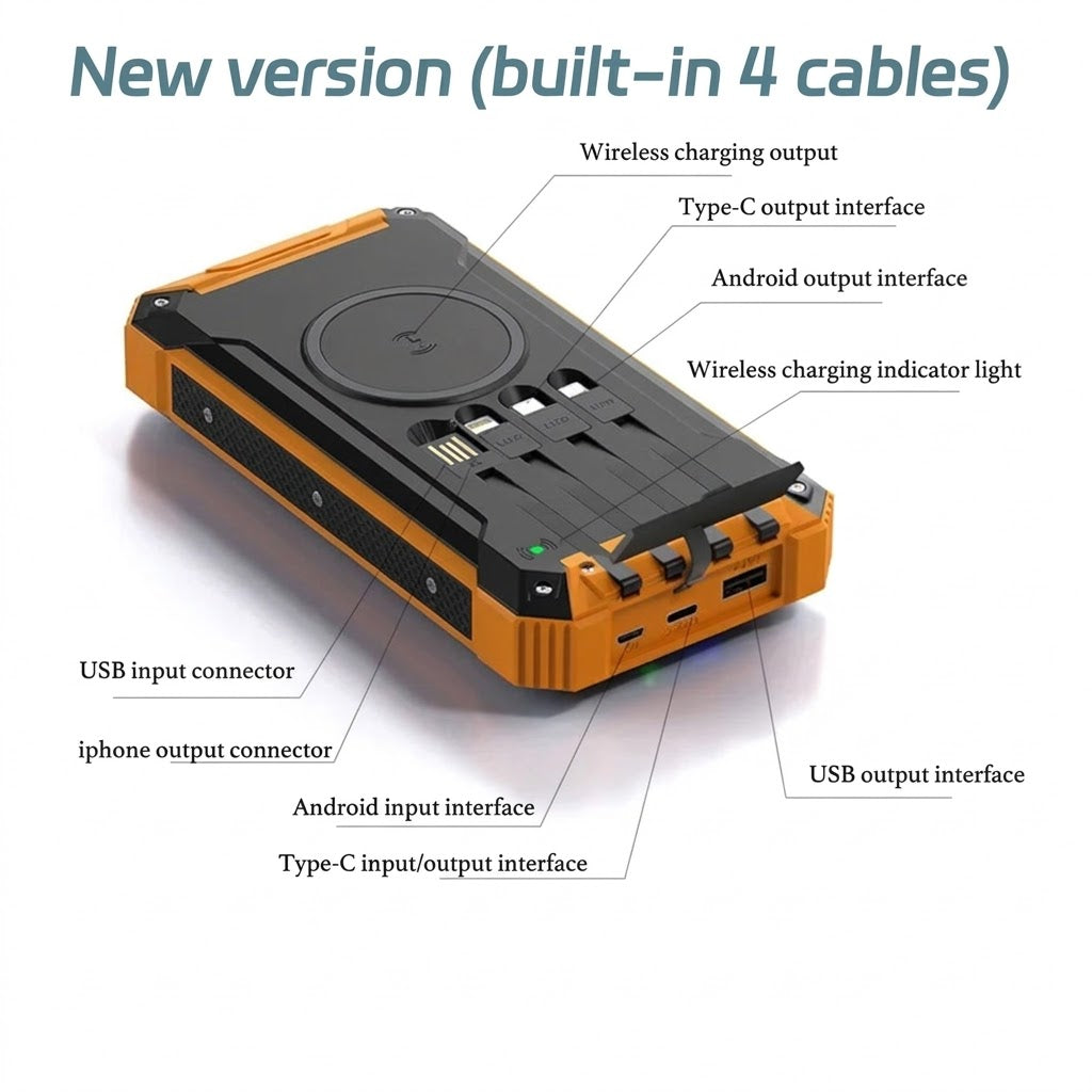 Premium Solar Power Bank with 4 Built in Cables & Fast Charging for Camping