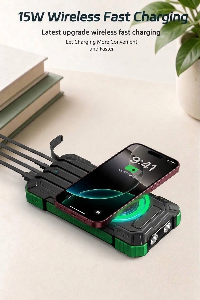 Premium Solar Power Bank with 4 Built in Cables & Fast Charging for Camping