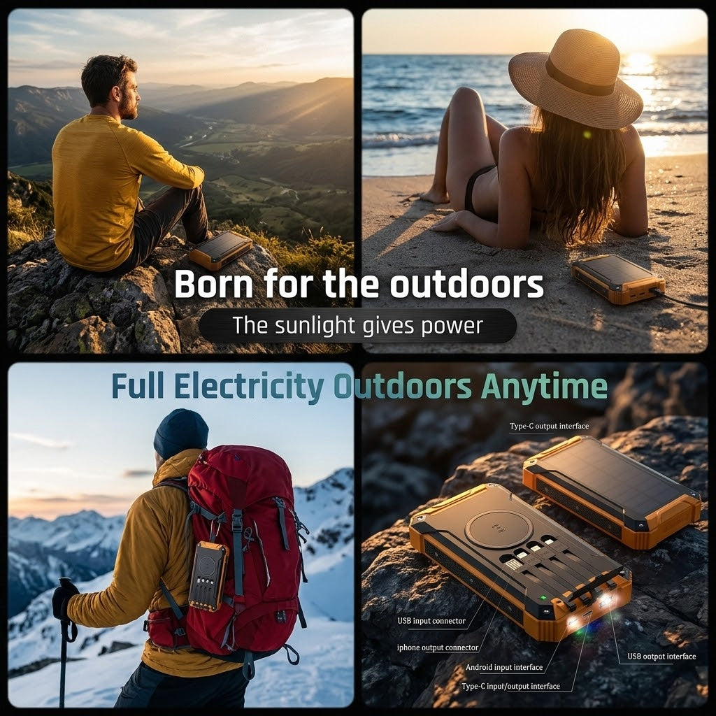Premium Solar Power Bank with 4 Built in Cables & Fast Charging for Camping